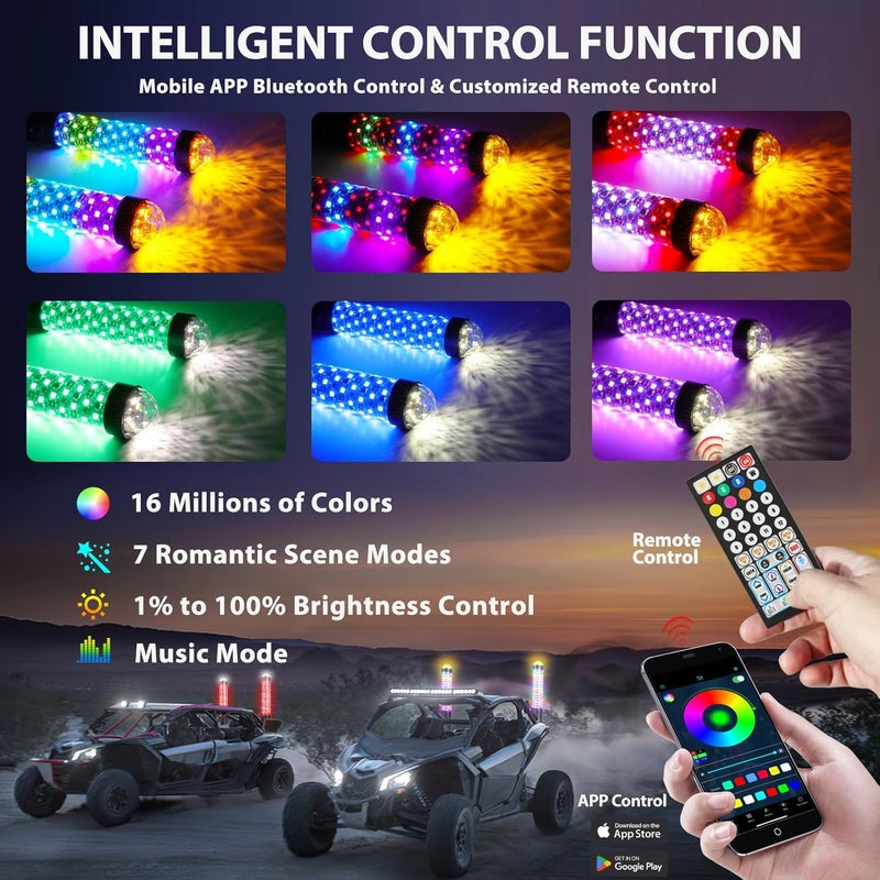DEERMOTO 2PCS 1FT Fat Whip Light with Warning Light Spiral RGB LED Whip Lights with APP&Remote Control,Chasing Lighted Antenna Whips for UTV ATV Can-Am X3 RZR Can-Am Polaris Buggy Jeep Offroad (1ft) - Image 4
